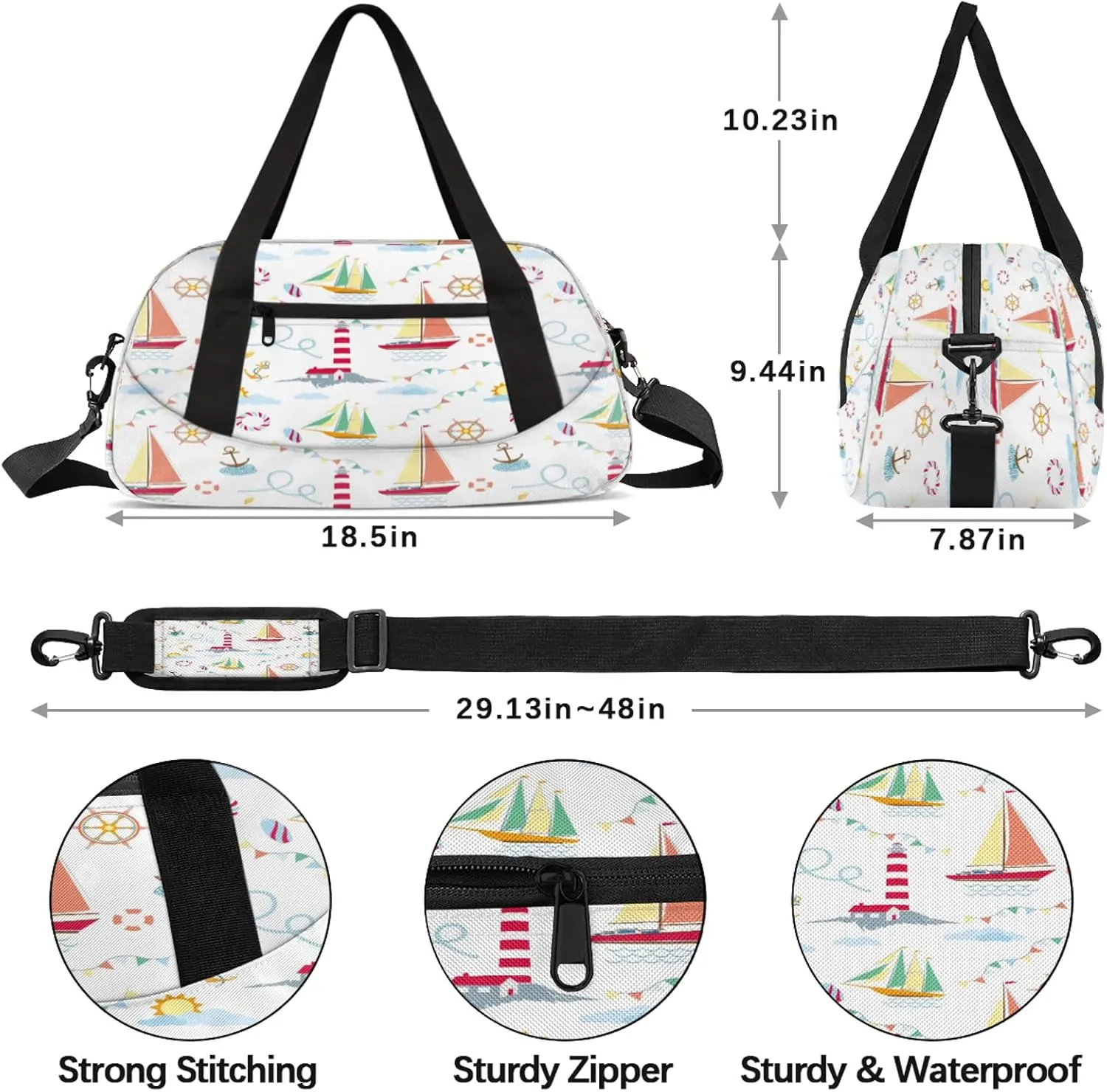 Anchor Lighthouse And Sailboat Kids Duffel Bag Lightweight Waterproof Sports Gym Bag with Front Zipper Pocket Foldable Weekender Overnight Bag for School Practice Gymnastic Ballet
