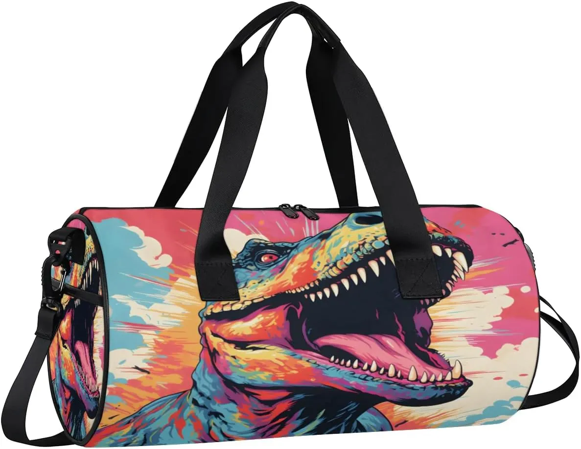 Angry Dinosaur Travel Gym Bag Waterproof Sport Dance Bag for Women Men Portable Gymnastics Duffel Bags Canvas Tote Carry on Handbag for Workout Overnight Weekender