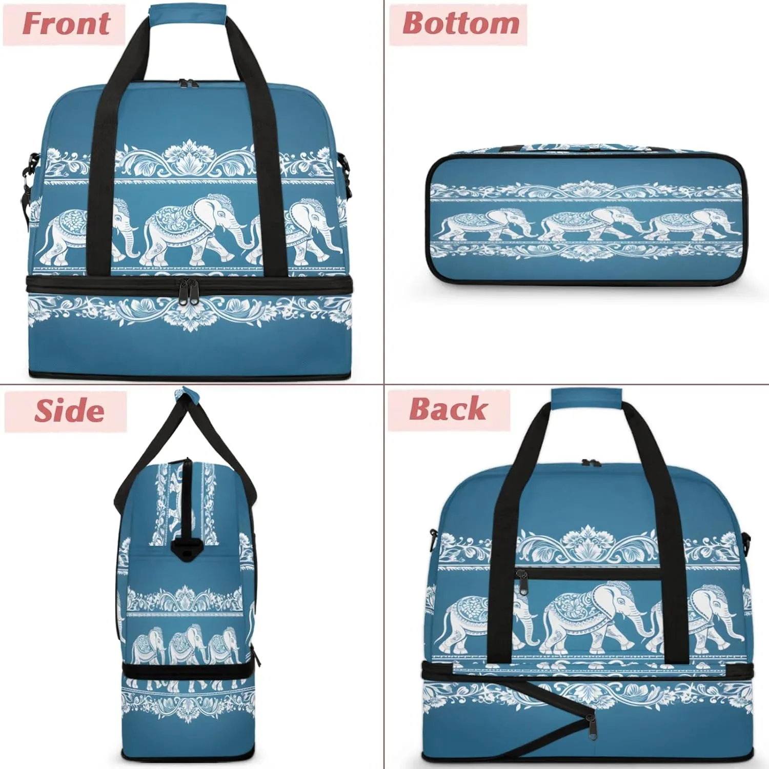 Animal Elephant Blue Travel Duffel Bags for Women & Men Large Sports Gym Bags Foldie Weekender Overnight Bag Carry On Tote Bag With Shoe Compartment Personal Item Bag for Travel Sports Gym