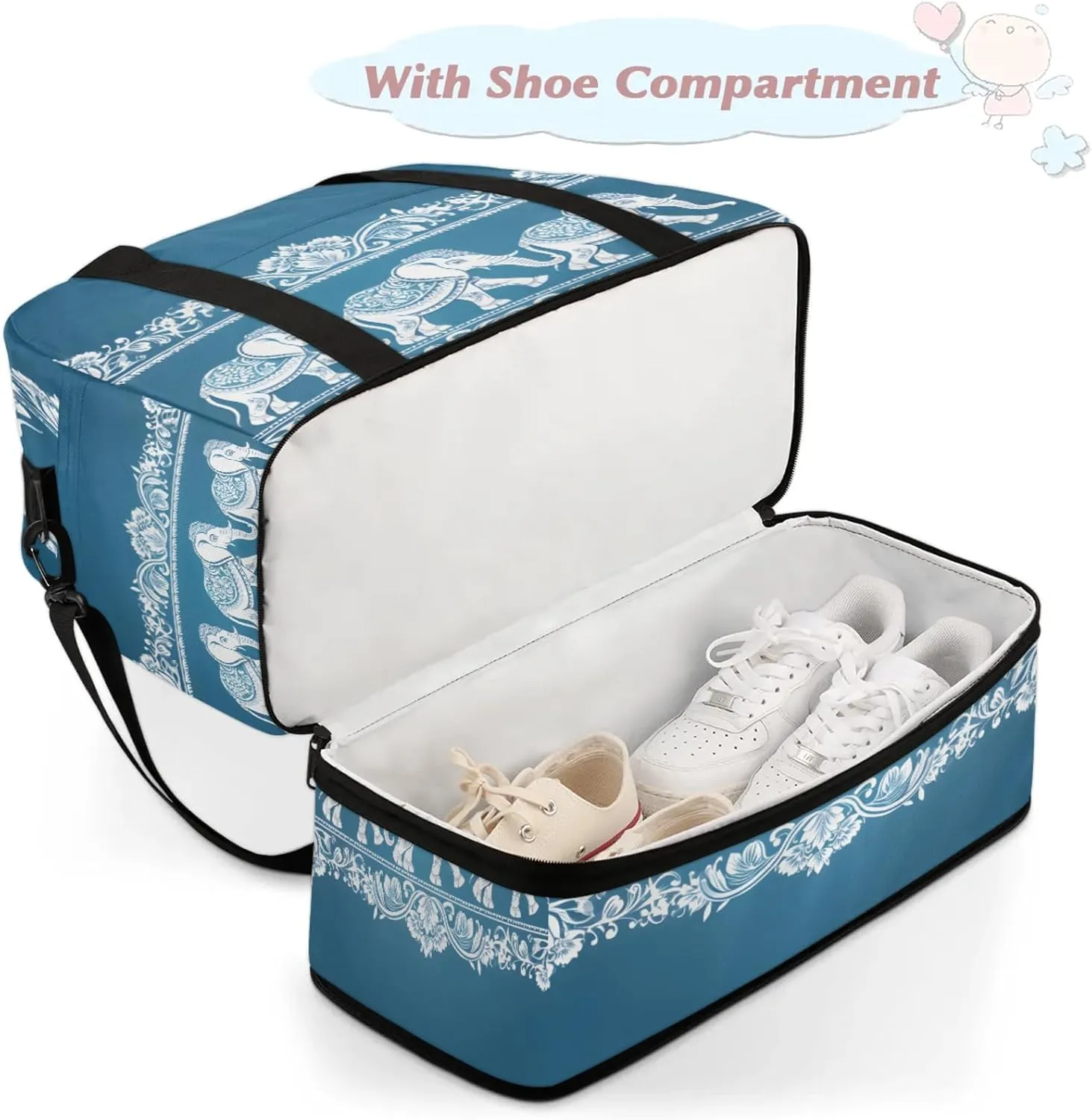 Animal Elephant Blue Travel Duffel Bags for Women & Men Large Sports Gym Bags Foldie Weekender Overnight Bag Carry On Tote Bag With Shoe Compartment Personal Item Bag for Travel Sports Gym