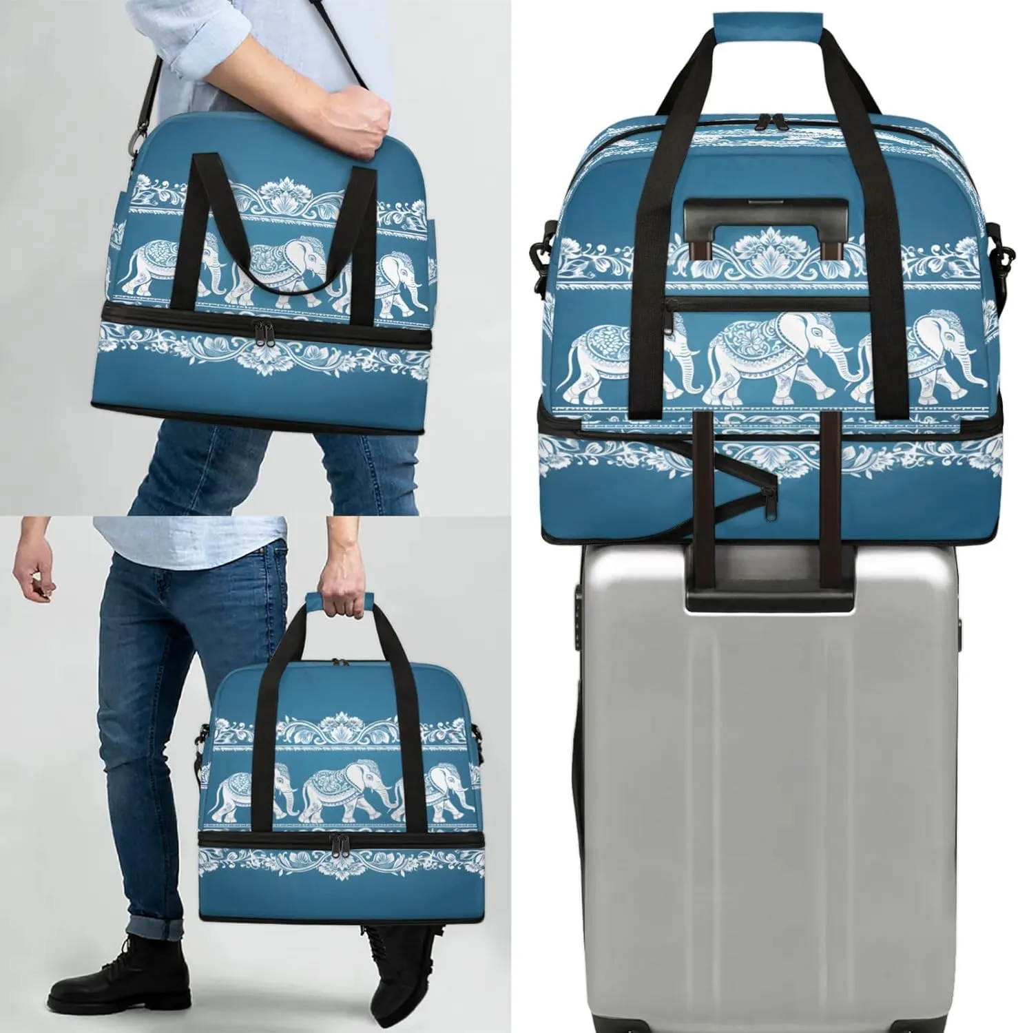 Animal Elephant Blue Travel Duffel Bags for Women & Men Large Sports Gym Bags Foldie Weekender Overnight Bag Carry On Tote Bag With Shoe Compartment Personal Item Bag for Travel Sports Gym