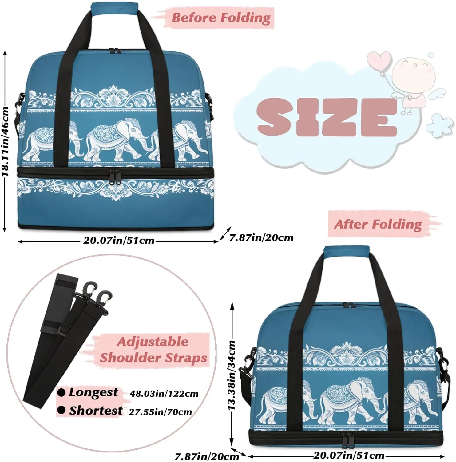 Animal Elephant Blue Travel Duffel Bags for Women & Men Large Sports Gym Bags Foldie Weekender Overnight Bag Carry On Tote Bag With Shoe Compartment Personal Item Bag for Travel Sports Gym