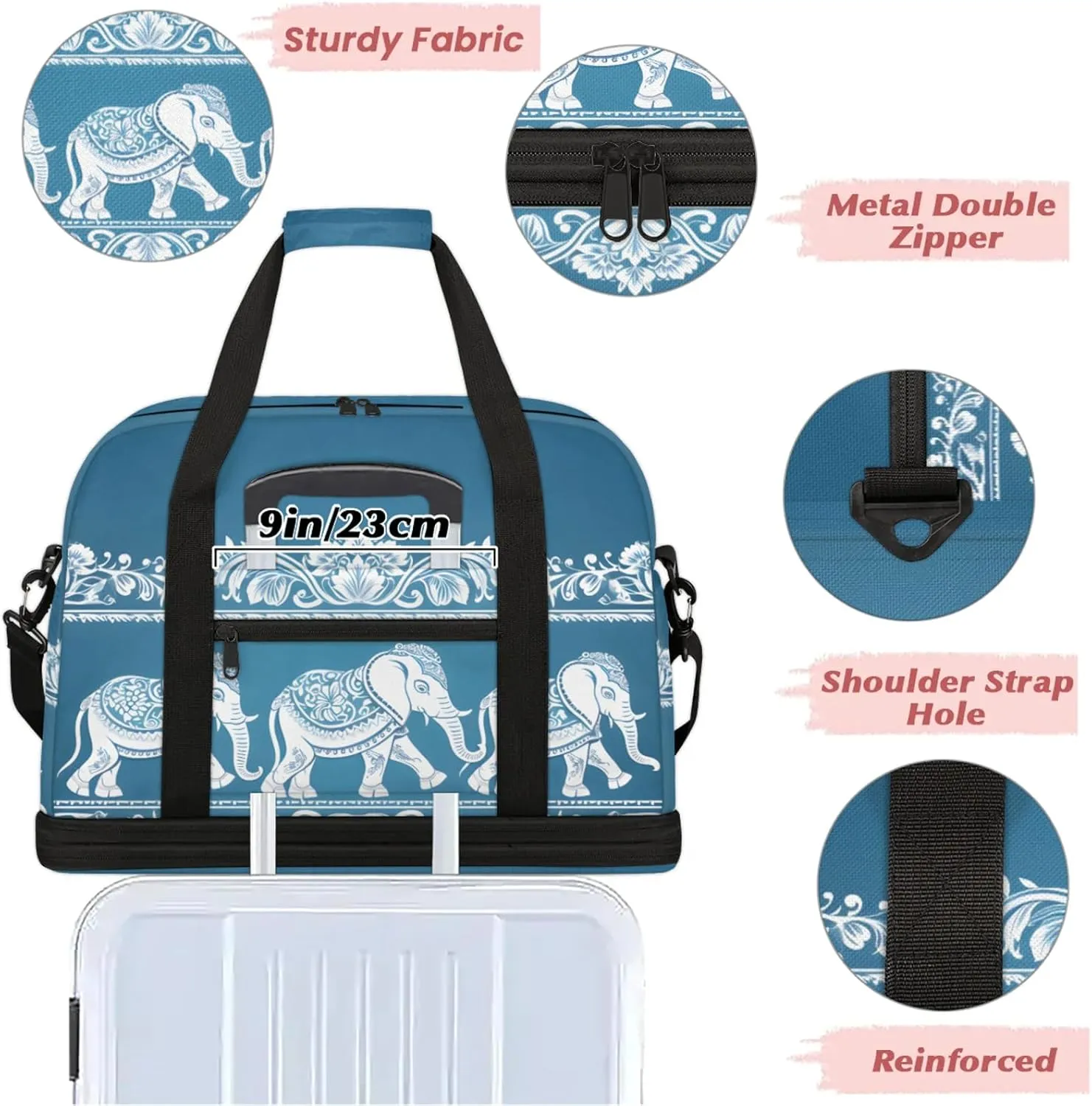 Animal Elephant Blue Travel Duffel Bags for Women & Men Large Sports Gym Bags Foldie Weekender Overnight Bag Carry On Tote Bag With Shoe Compartment Personal Item Bag for Travel Sports Gym
