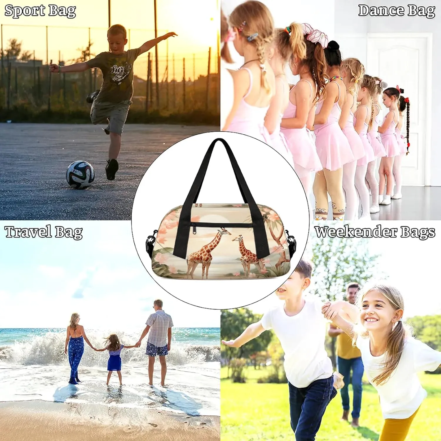 Animal Giraffe Flowers Kids Duffel Bag Lightweight Waterproof Sports Gym Bag with Front Zipper Pocket Foldable Weekender Overnight Bag for School Practice Gymnastic Ballet