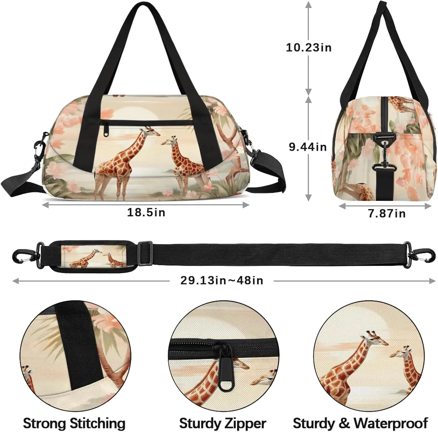 Animal Giraffe Flowers Kids Duffel Bag Lightweight Waterproof Sports Gym Bag with Front Zipper Pocket Foldable Weekender Overnight Bag for School Practice Gymnastic Ballet