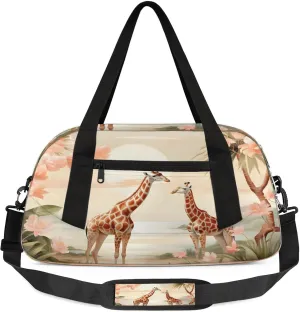 Animal Giraffe Flowers Kids Duffel Bag Lightweight Waterproof Sports Gym Bag with Front Zipper Pocket Foldable Weekender Overnight Bag for School Practice Gymnastic Ballet