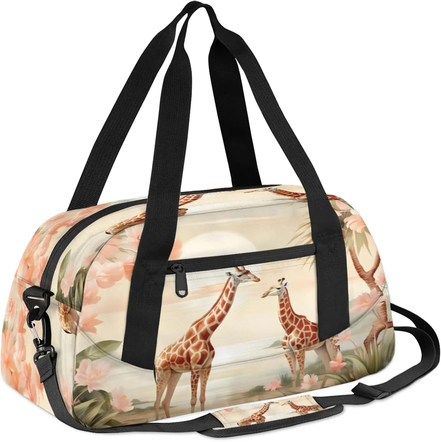 Animal Giraffe Flowers Kids Duffel Bag Lightweight Waterproof Sports Gym Bag with Front Zipper Pocket Foldable Weekender Overnight Bag for School Practice Gymnastic Ballet