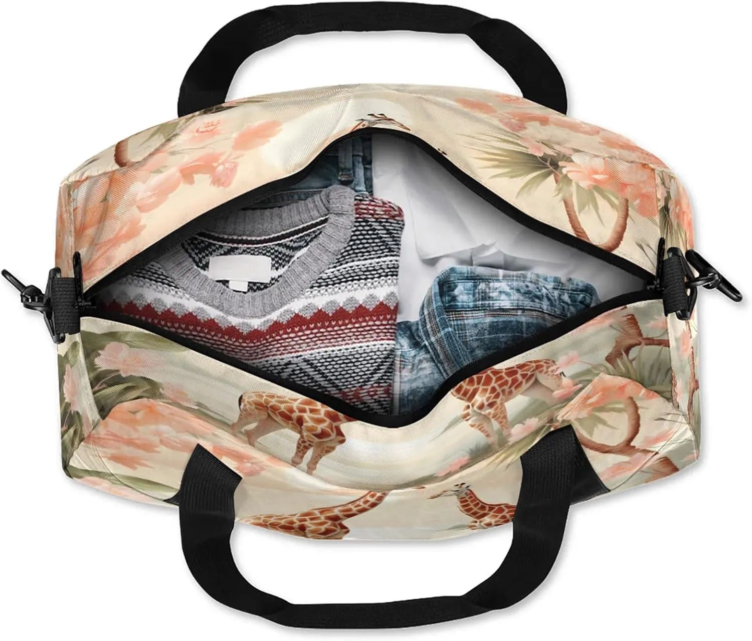 Animal Giraffe Flowers Kids Duffel Bag Lightweight Waterproof Sports Gym Bag with Front Zipper Pocket Foldable Weekender Overnight Bag for School Practice Gymnastic Ballet