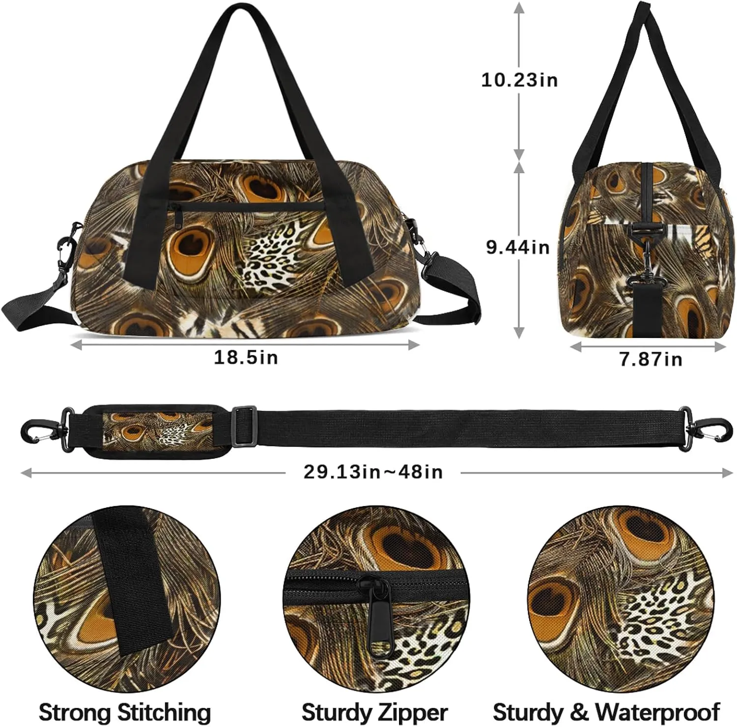 Animal Peacock Feathers Pattern Kids Duffel Bag Lightweight Waterproof Sports Gym Bag with Front Zipper Pocket Foldable Weekender Overnight Bag for School Practice Gymnastic Ballet