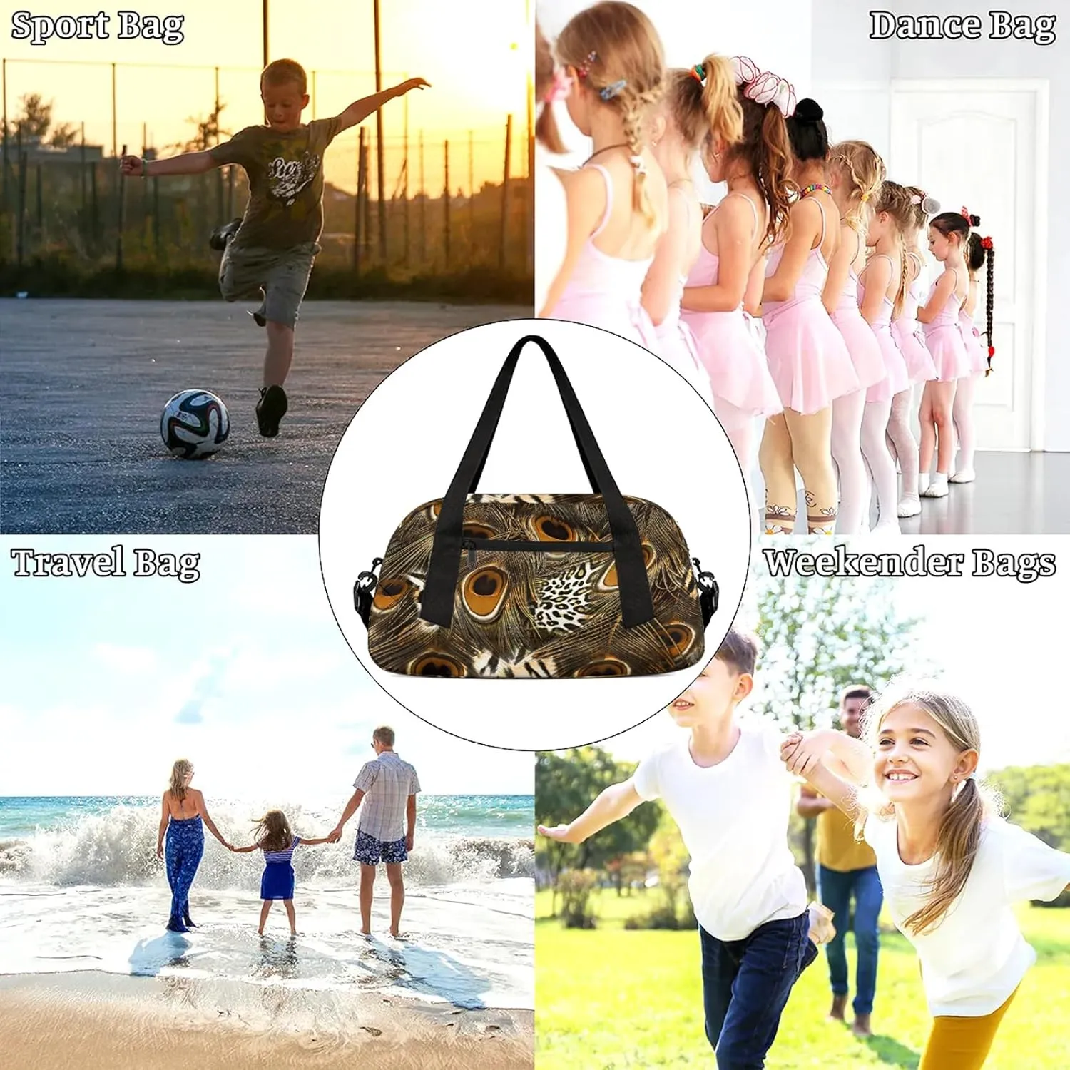 Animal Peacock Feathers Pattern Kids Duffel Bag Lightweight Waterproof Sports Gym Bag with Front Zipper Pocket Foldable Weekender Overnight Bag for School Practice Gymnastic Ballet