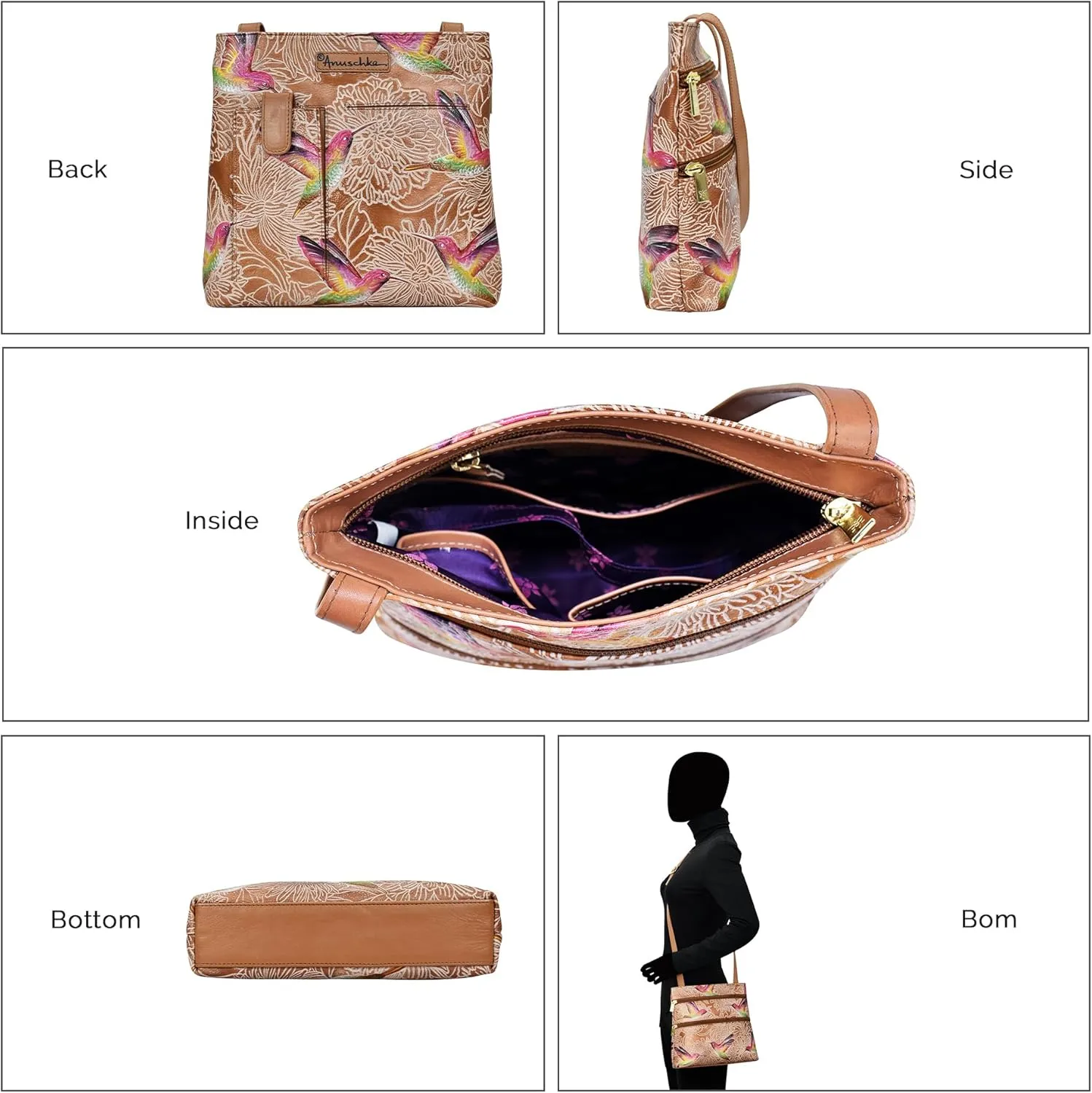 Anuschka Women’s Hand-Painted Genuine Leather Medium Crossbody With Double Zip Pockets