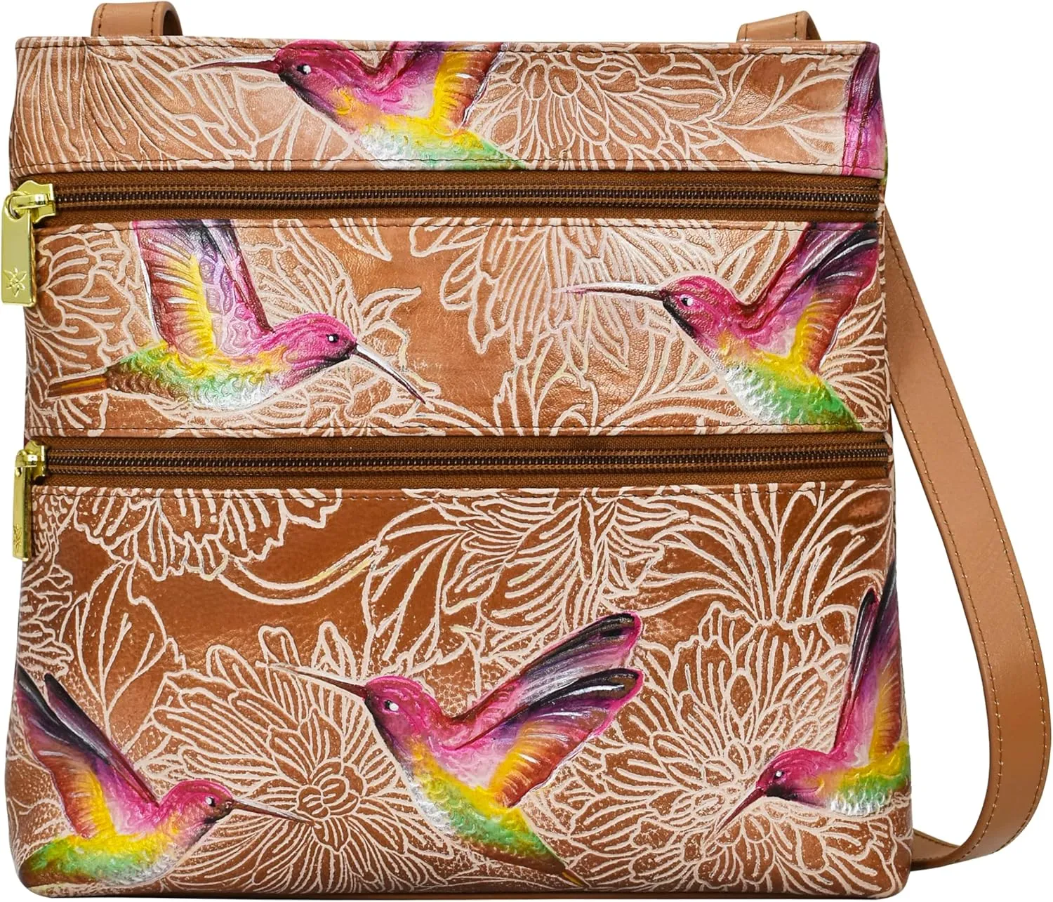 Anuschka Women’s Hand-Painted Genuine Leather Medium Crossbody With Double Zip Pockets