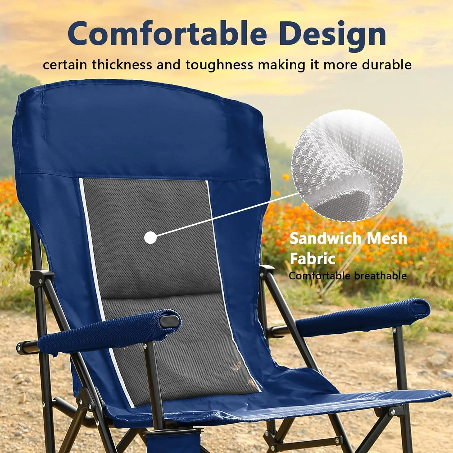 Anwick Oversized Camping Folding Chair, Heavy Duty Support 250 LBS Steel Frame Collapsible Padded Arm Chair with Cup Holder Quad Lumbar Back, Portable for Outdoor (Navy Blue)