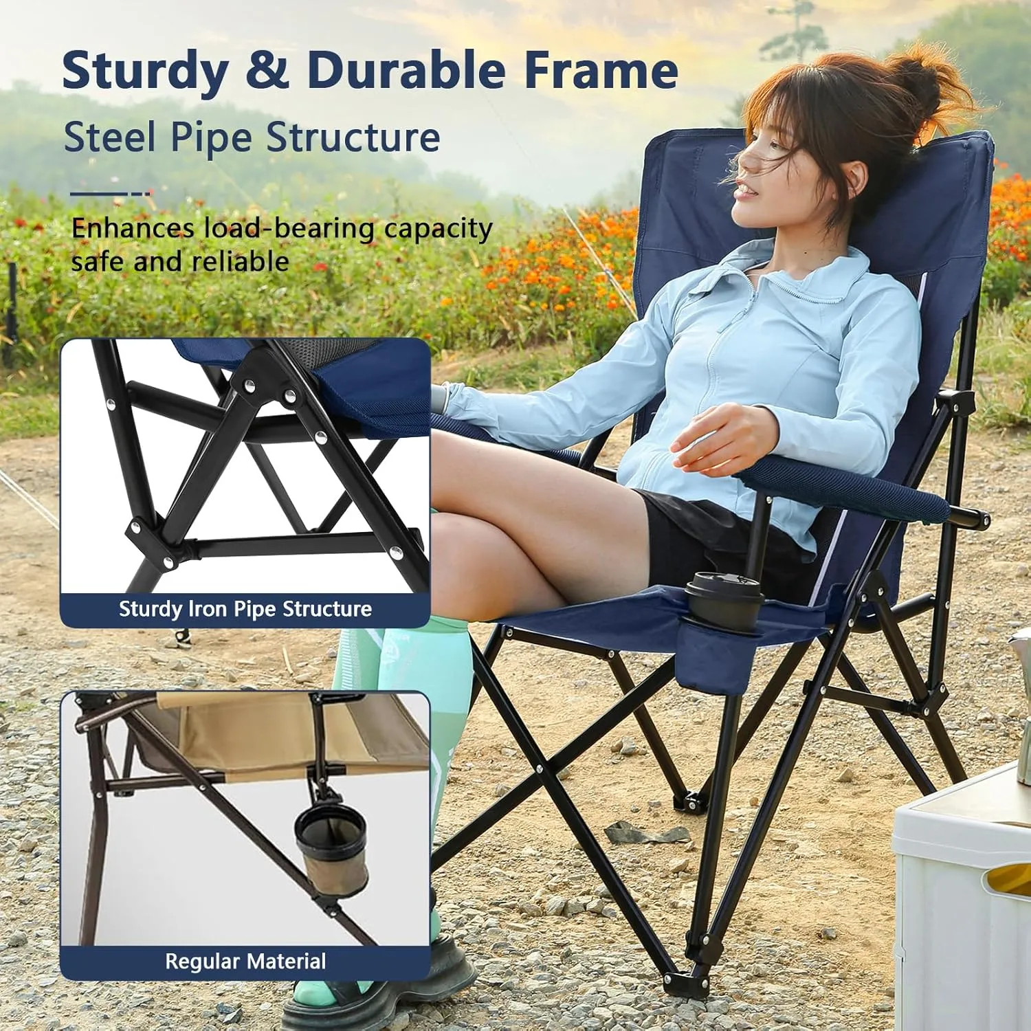 Anwick Oversized Camping Folding Chair, Heavy Duty Support 250 LBS Steel Frame Collapsible Padded Arm Chair with Cup Holder Quad Lumbar Back, Portable for Outdoor (Navy Blue)