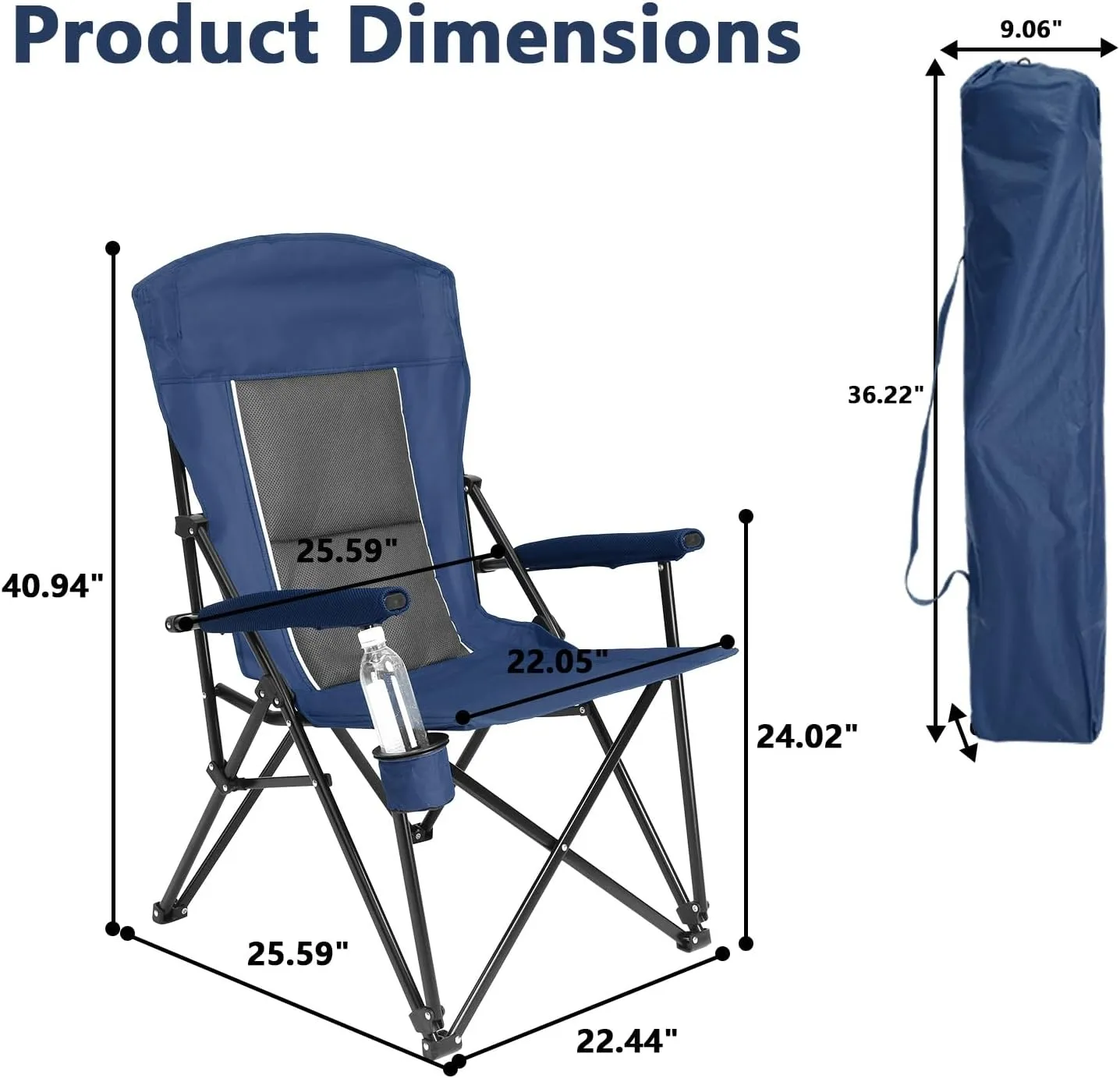 Anwick Oversized Camping Folding Chair, Heavy Duty Support 250 LBS Steel Frame Collapsible Padded Arm Chair with Cup Holder Quad Lumbar Back, Portable for Outdoor (Navy Blue)