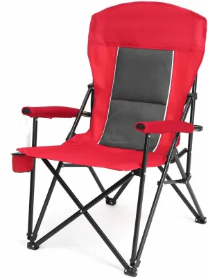 Anwick Oversized Camping Folding Chair, Heavy Duty Support 250 LBS Steel Frame Collapsible Padded Arm Chair with Cup Holder Quad Lumbar Back, Portable for Outdoor (Red)
