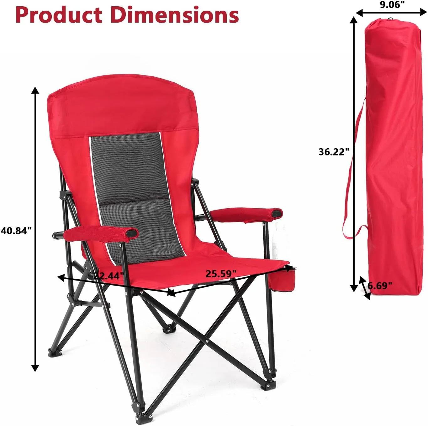 Anwick Oversized Camping Folding Chair, Heavy Duty Support 250 LBS Steel Frame Collapsible Padded Arm Chair with Cup Holder Quad Lumbar Back, Portable for Outdoor (Red)