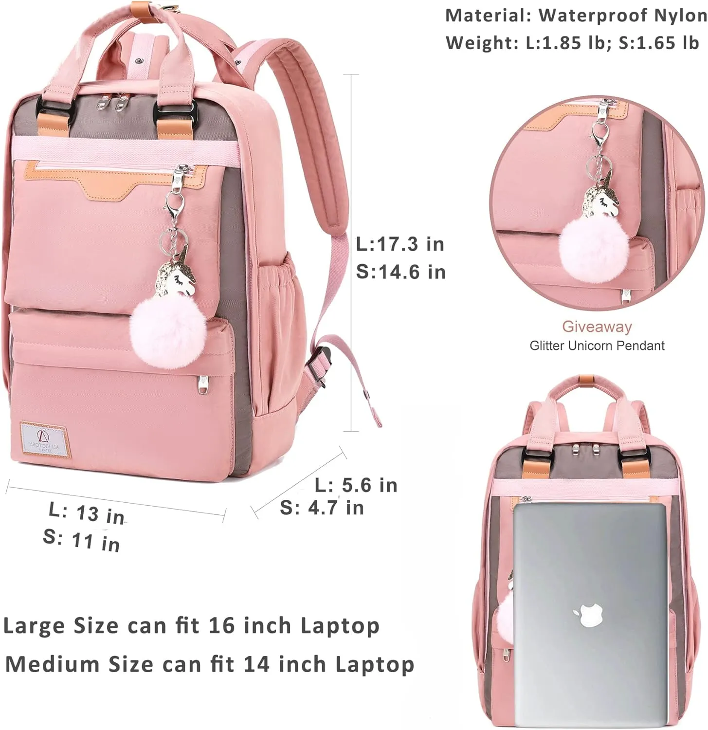 AO ALI VICTORY Laptop Backpack 15.6 Inch for Women Men Teacher Backpacks Nursing Bag Anti Theft Travel Back Pack Large College Bookbag (Medium, Pink)