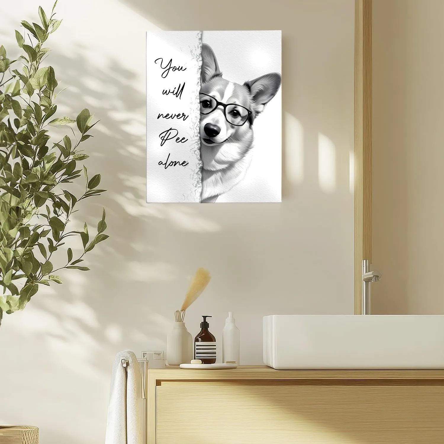 APJYM You Will Never Pee Alone Funny Corgi Bathroom Wall Art, Funny Dog Bathroom Decor Posters Wall Decor Signs, 11x14 Inch Framed