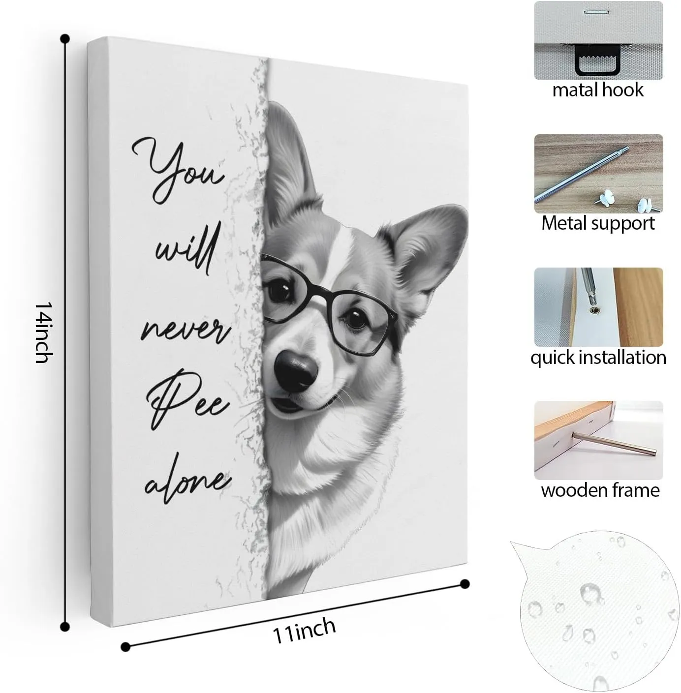 APJYM You Will Never Pee Alone Funny Corgi Bathroom Wall Art, Funny Dog Bathroom Decor Posters Wall Decor Signs, 11x14 Inch Framed