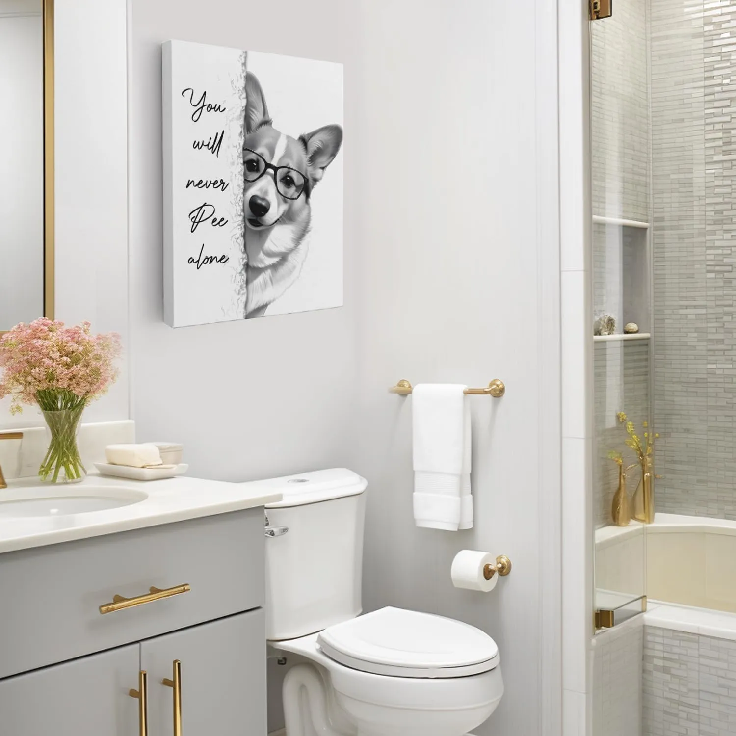 APJYM You Will Never Pee Alone Funny Corgi Bathroom Wall Art, Funny Dog Bathroom Decor Posters Wall Decor Signs, 11x14 Inch Framed