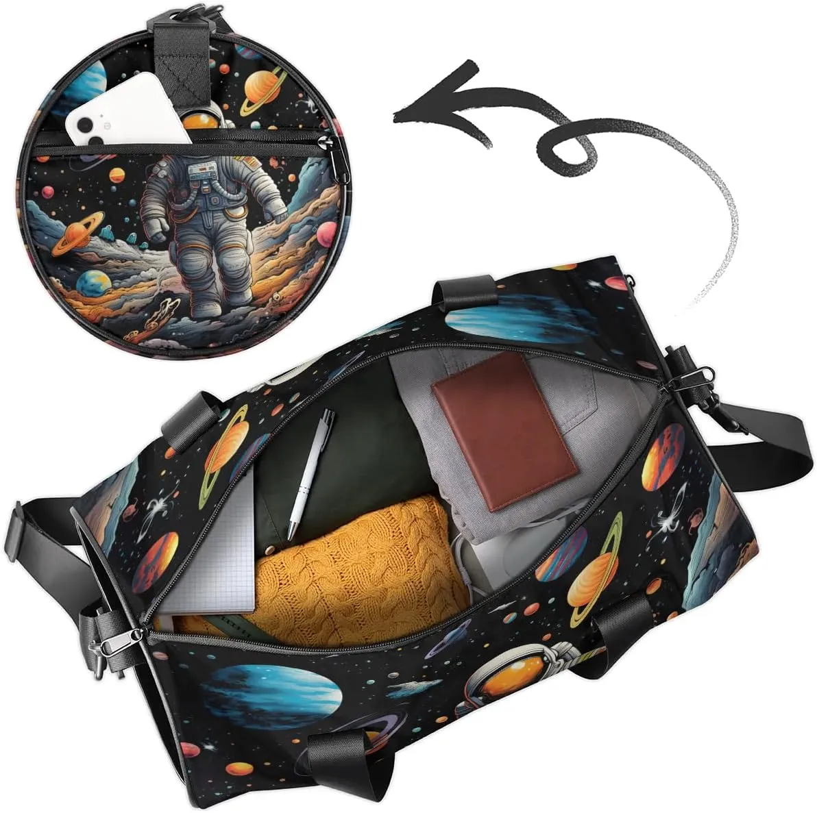 Astronaut Planets Gym Bag for Women Men Lightweight Weekender Travel Bag Stylish Duffle Bag for Gym Travel Overnight Carry On
