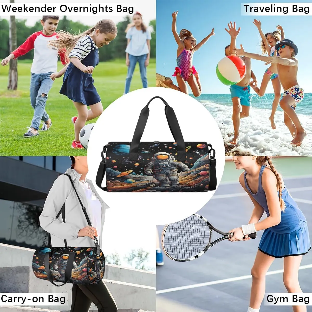 Astronaut Planets Gym Bag for Women Men Lightweight Weekender Travel Bag Stylish Duffle Bag for Gym Travel Overnight Carry On