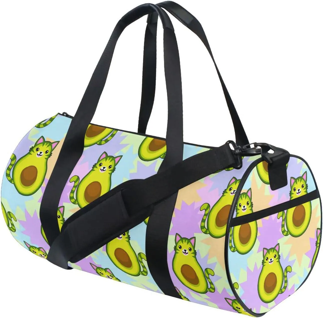 Avocado Cartoon Cat Round Duffel Sports Bag Lightweight with Inner Pocket Gym Bag for Men Women Duffle Bag for Travel Sports