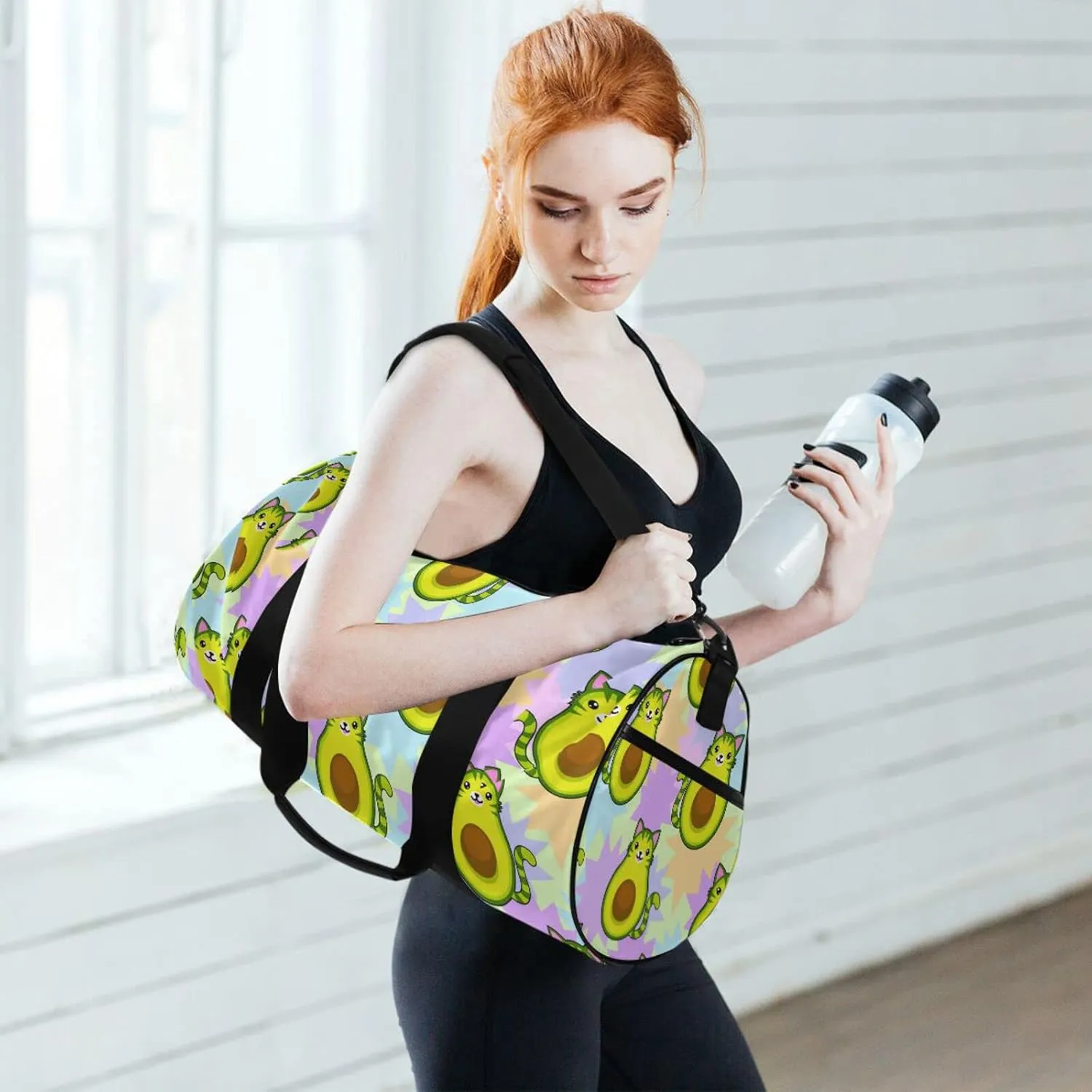 Avocado Cartoon Cat Round Duffel Sports Bag Lightweight with Inner Pocket Gym Bag for Men Women Duffle Bag for Travel Sports