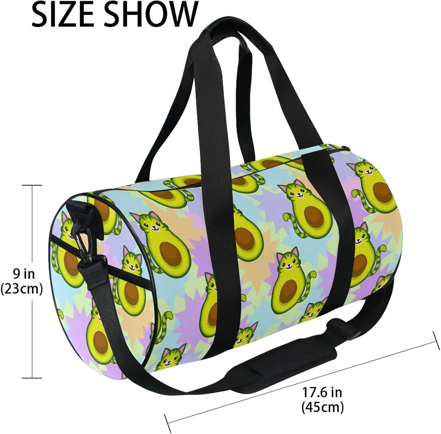 Avocado Cartoon Cat Round Duffel Sports Bag Lightweight with Inner Pocket Gym Bag for Men Women Duffle Bag for Travel Sports