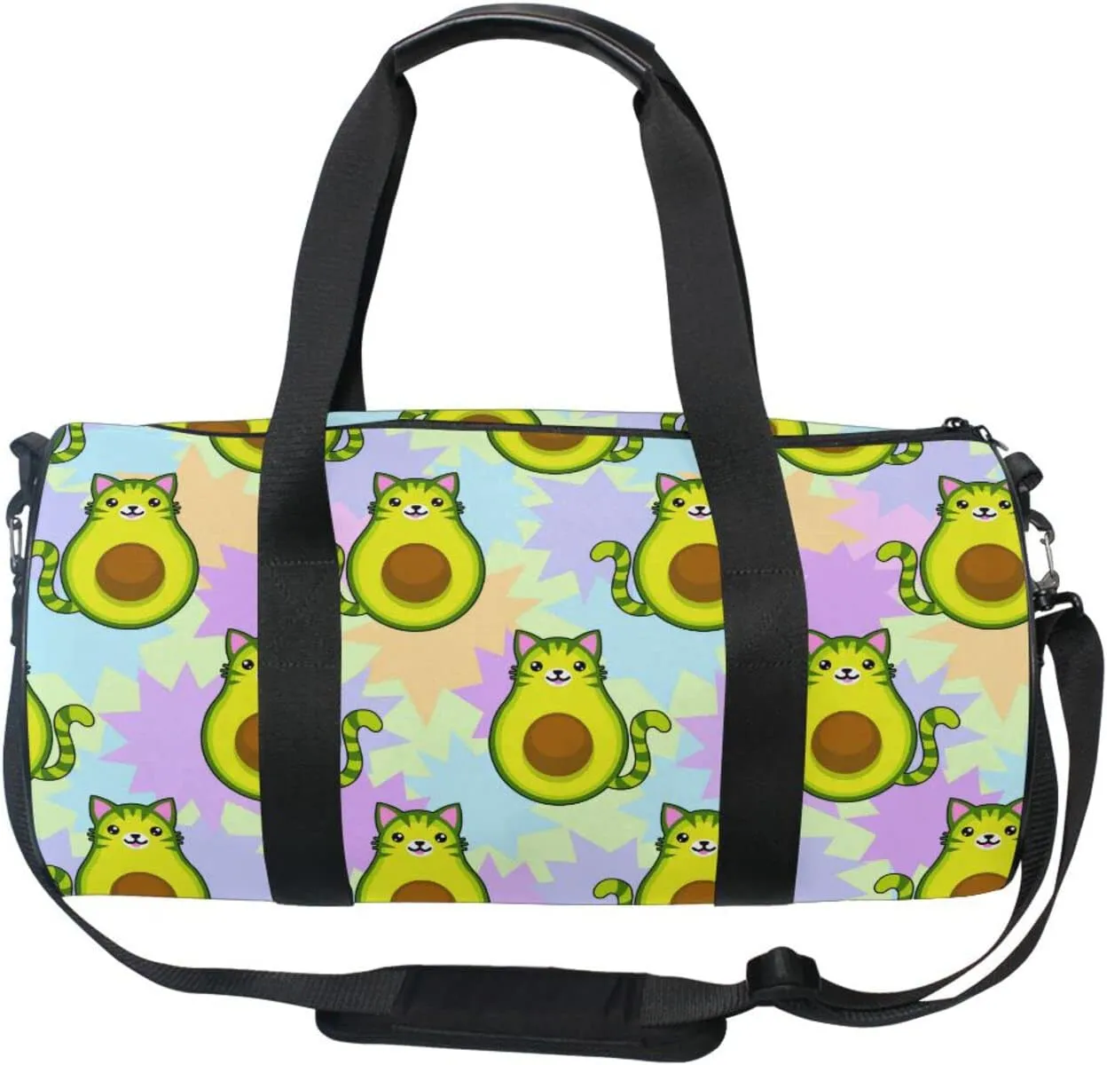 Avocado Cartoon Cat Round Duffel Sports Bag Lightweight with Inner Pocket Gym Bag for Men Women Duffle Bag for Travel Sports