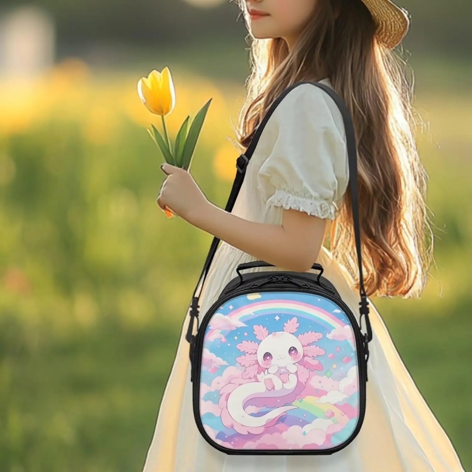 Axolotl Insulated Lunch Tote Bag Cute Rainbow Lunch Box Tote with Waterproof Lining Teen Girls Square Lunchbag with Shoulder Strap for Camping Traveling