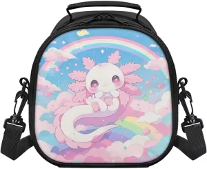 Axolotl Insulated Lunch Tote Bag Cute Rainbow Lunch Box Tote with Waterproof Lining Teen Girls Square Lunchbag with Shoulder Strap for Camping Traveling