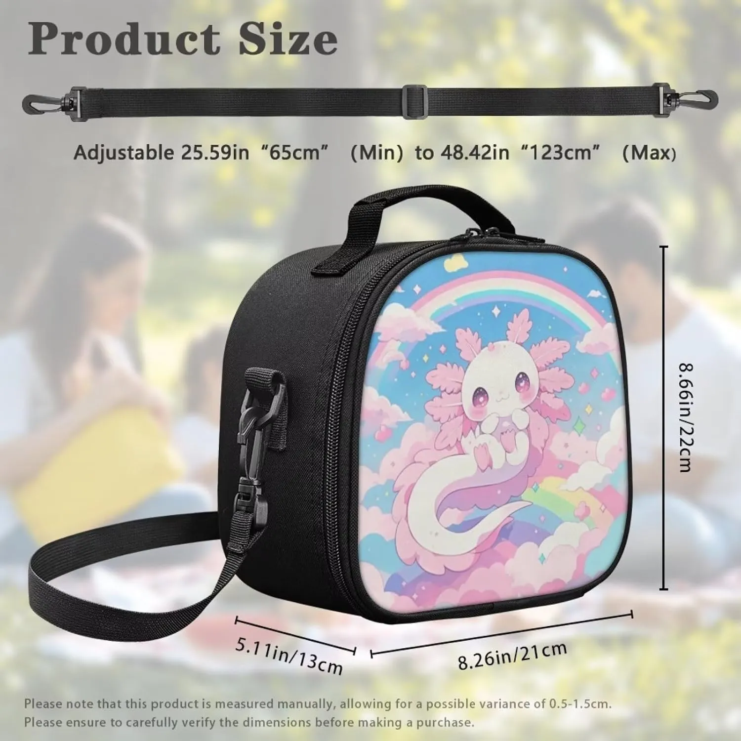 Axolotl Insulated Lunch Tote Bag Cute Rainbow Lunch Box Tote with Waterproof Lining Teen Girls Square Lunchbag with Shoulder Strap for Camping Traveling