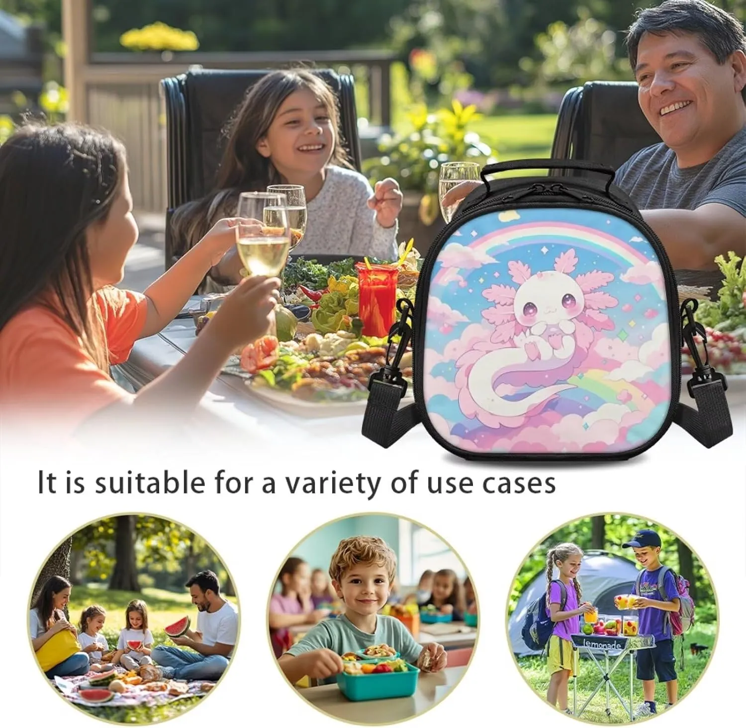 Axolotl Insulated Lunch Tote Bag Cute Rainbow Lunch Box Tote with Waterproof Lining Teen Girls Square Lunchbag with Shoulder Strap for Camping Traveling