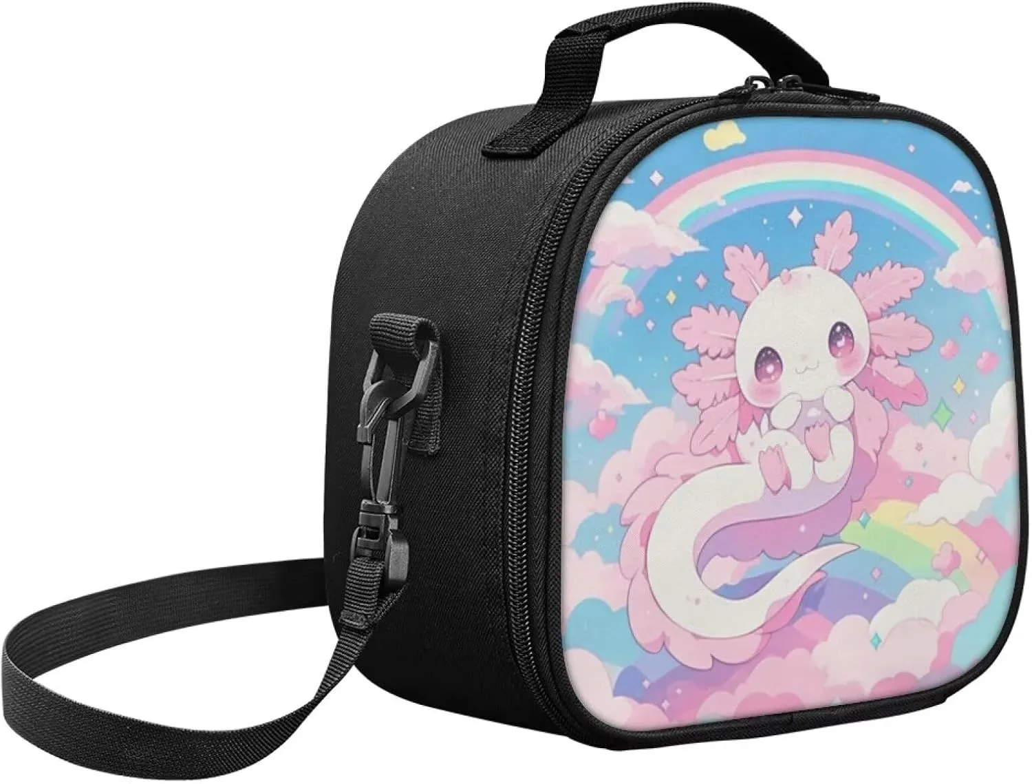 Axolotl Insulated Lunch Tote Bag Cute Rainbow Lunch Box Tote with Waterproof Lining Teen Girls Square Lunchbag with Shoulder Strap for Camping Traveling