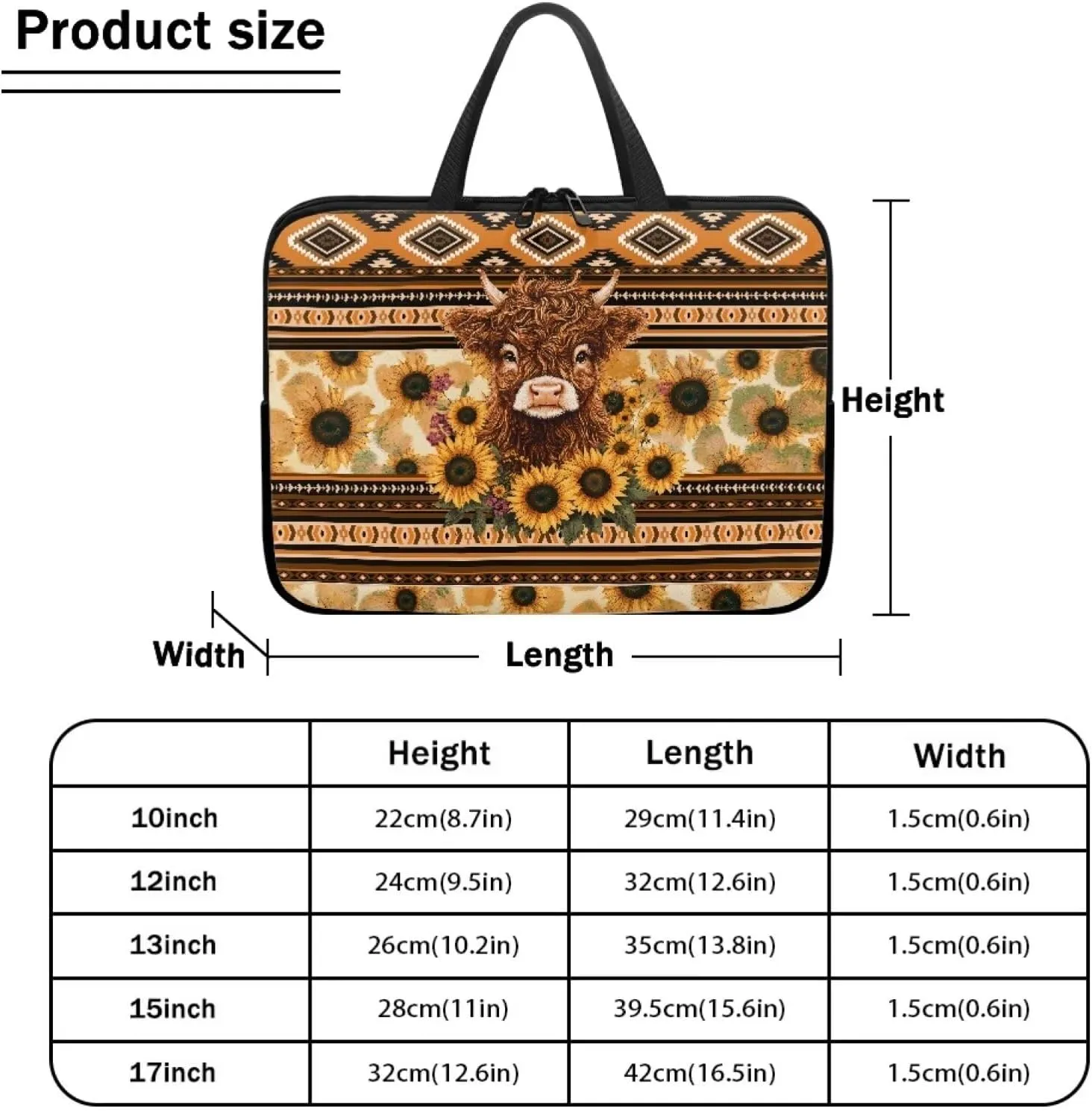 Aztec Sunflower Highland Cow Print Laptop Sleeve Case with Handle Carrying Computer Bag Shockproof Protective Laptop Cover Briefcase Laptop Sleeves for Women Men Study Work, 12inch