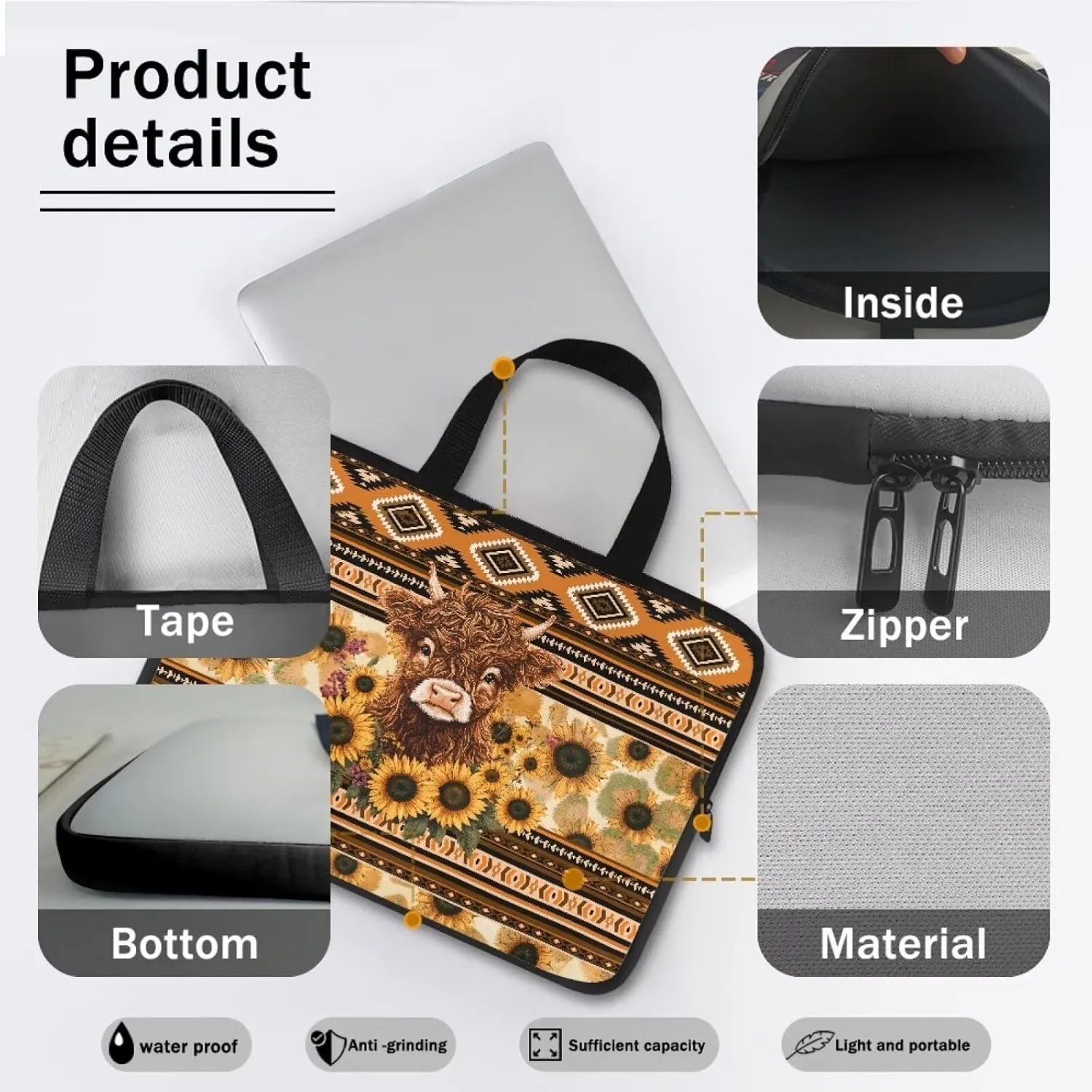 Aztec Sunflower Highland Cow Print Laptop Sleeve Case with Handle Carrying Computer Bag Shockproof Protective Laptop Cover Briefcase Laptop Sleeves for Women Men Study Work, 12inch