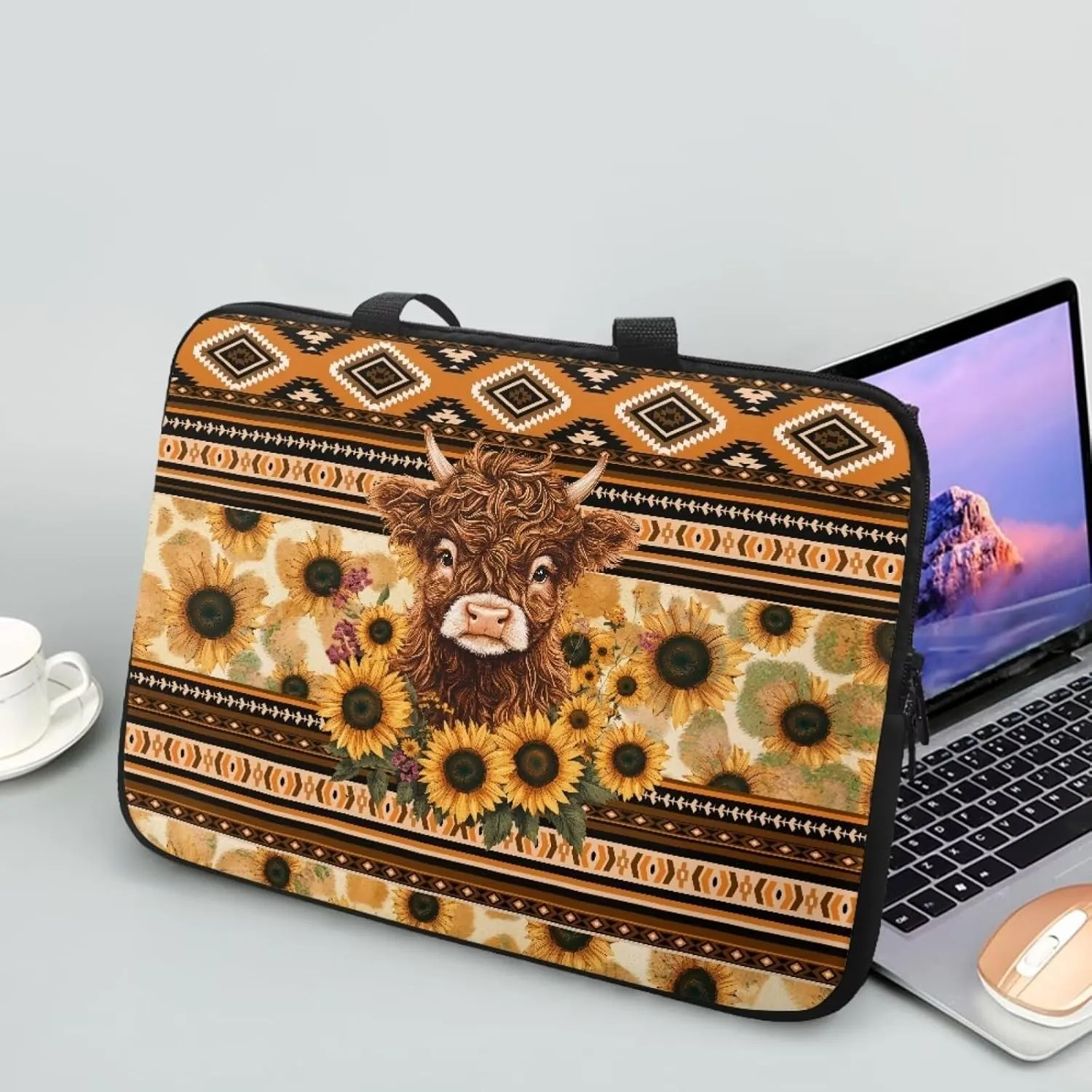 Aztec Sunflower Highland Cow Print Laptop Sleeve Case with Handle Carrying Computer Bag Shockproof Protective Laptop Cover Briefcase Laptop Sleeves for Women Men Study Work, 12inch