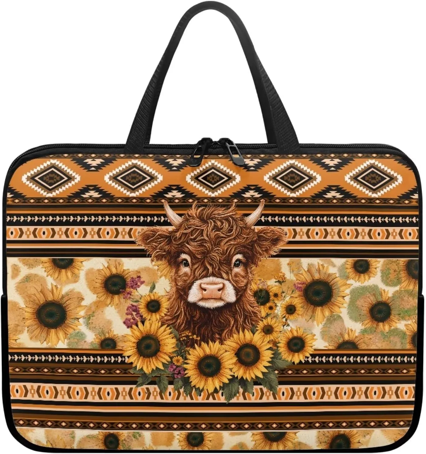 Aztec Sunflower Highland Cow Print Laptop Sleeve Case with Handle Carrying Computer Bag Shockproof Protective Laptop Cover Briefcase Laptop Sleeves for Women Men Study Work, 12inch