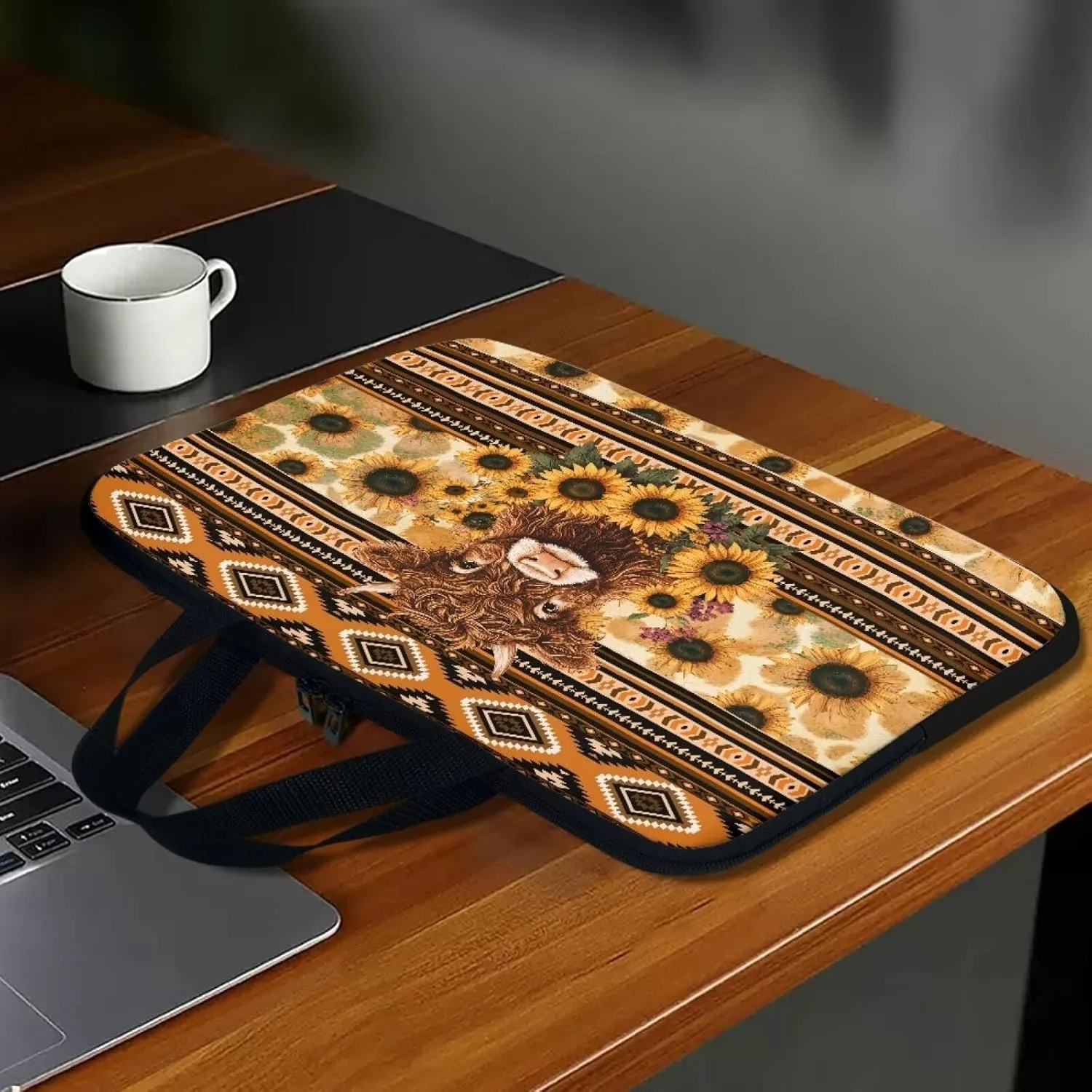 Aztec Sunflower Highland Cow Print Laptop Sleeve Case with Handle Carrying Computer Bag Shockproof Protective Laptop Cover Briefcase Laptop Sleeves for Women Men Study Work, 12inch