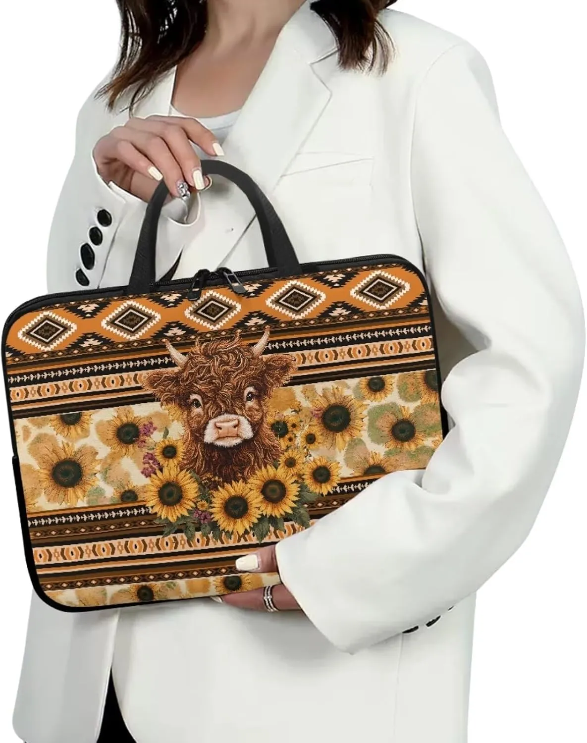 Aztec Sunflower Highland Cow Print Laptop Sleeve Case with Handle Carrying Computer Bag Shockproof Protective Laptop Cover Briefcase Laptop Sleeves for Women Men Study Work, 12inch