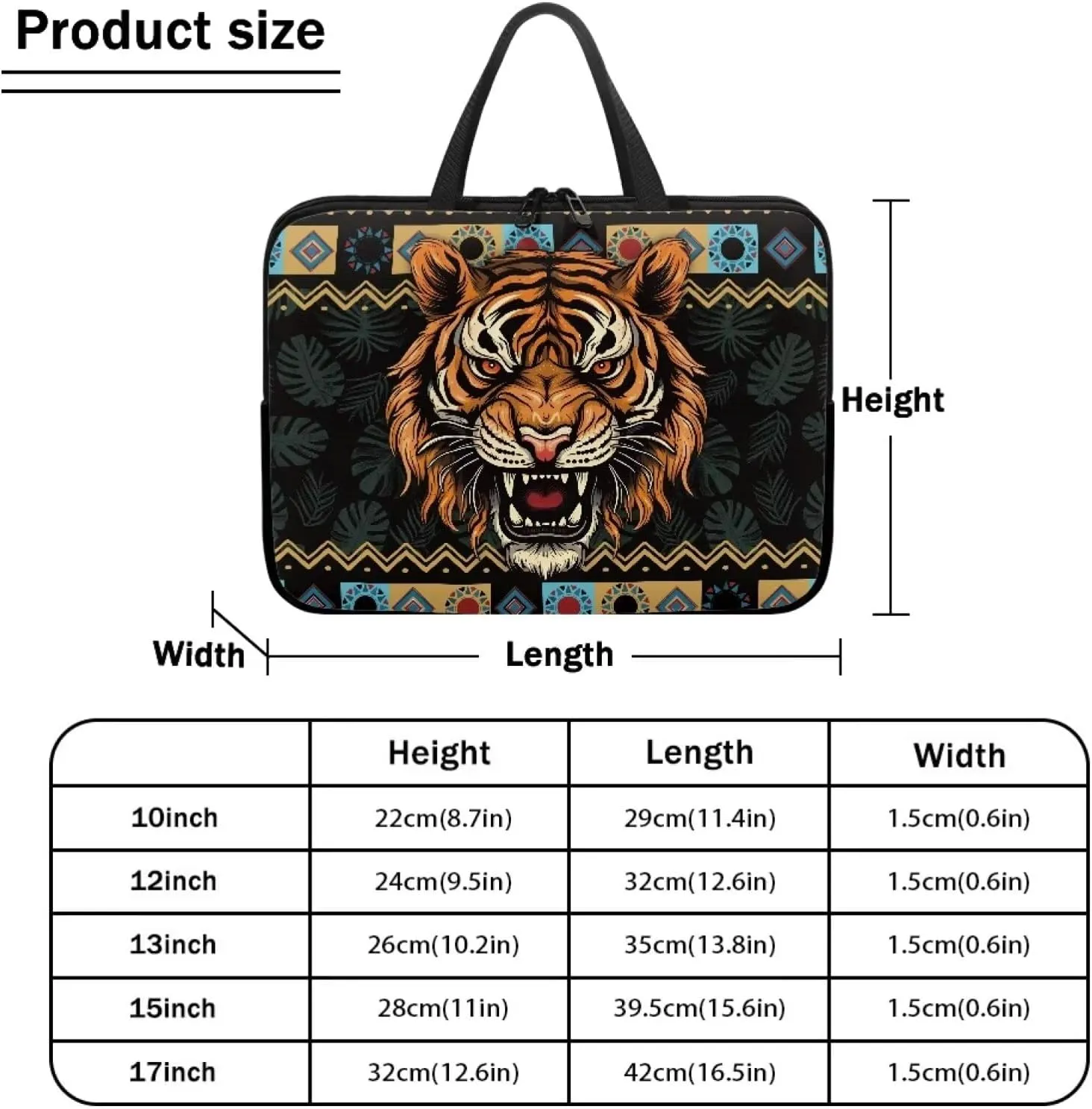 Aztec Tiger Palm Tree Print Laptop Sleeve Case with Handle Computer Cover Compatible with 10-17 Inch Tablet for Women Men 360° Protective Carrying Bag Briefcase, 10inch