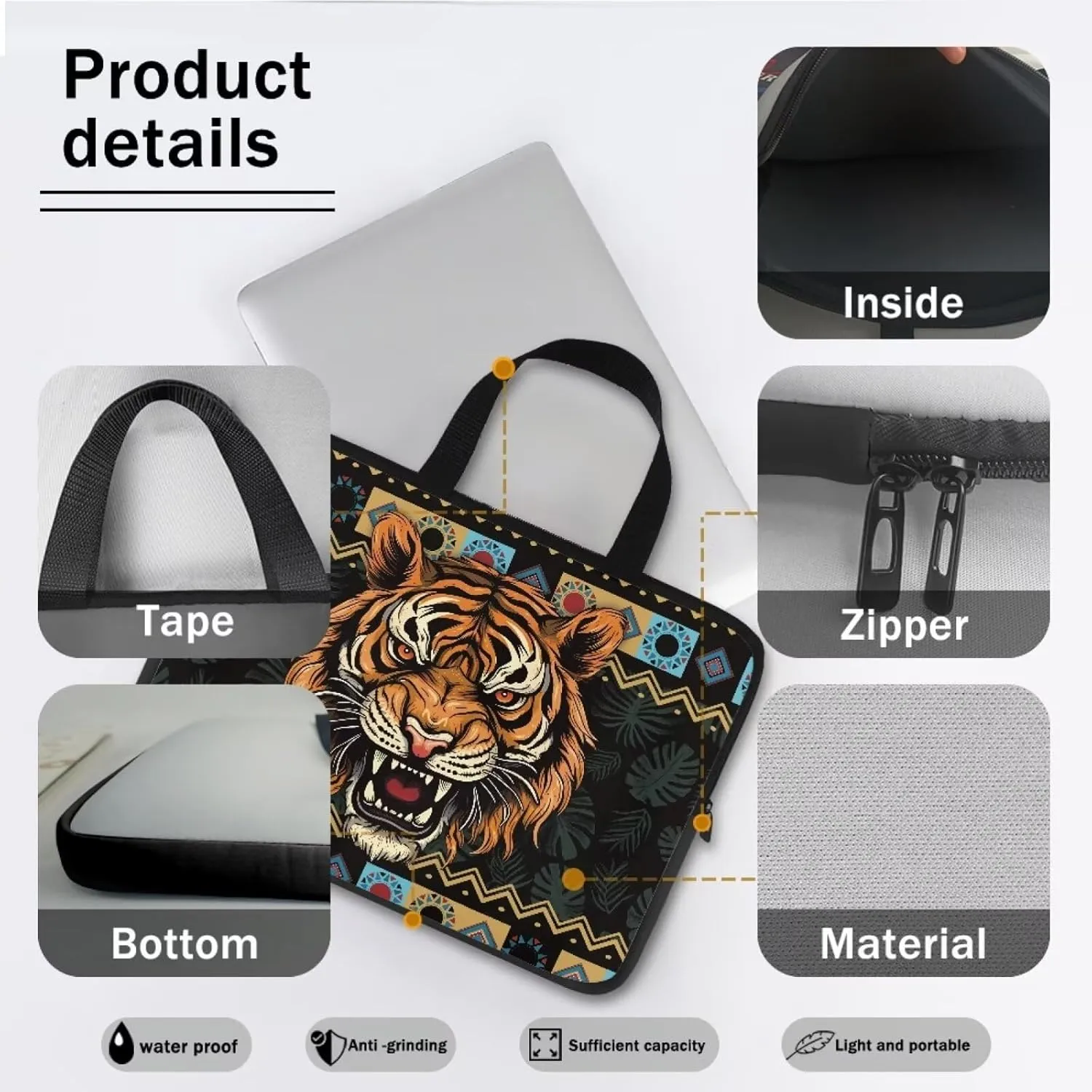 Aztec Tiger Palm Tree Print Laptop Sleeve Case with Handle Computer Cover Compatible with 10-17 Inch Tablet for Women Men 360° Protective Carrying Bag Briefcase, 10inch