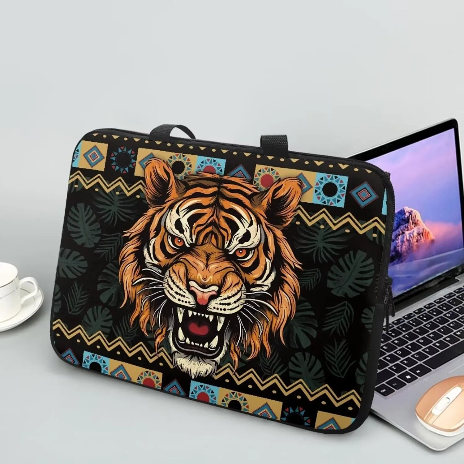 Aztec Tiger Palm Tree Print Laptop Sleeve Case with Handle Computer Cover Compatible with 10-17 Inch Tablet for Women Men 360° Protective Carrying Bag Briefcase, 10inch