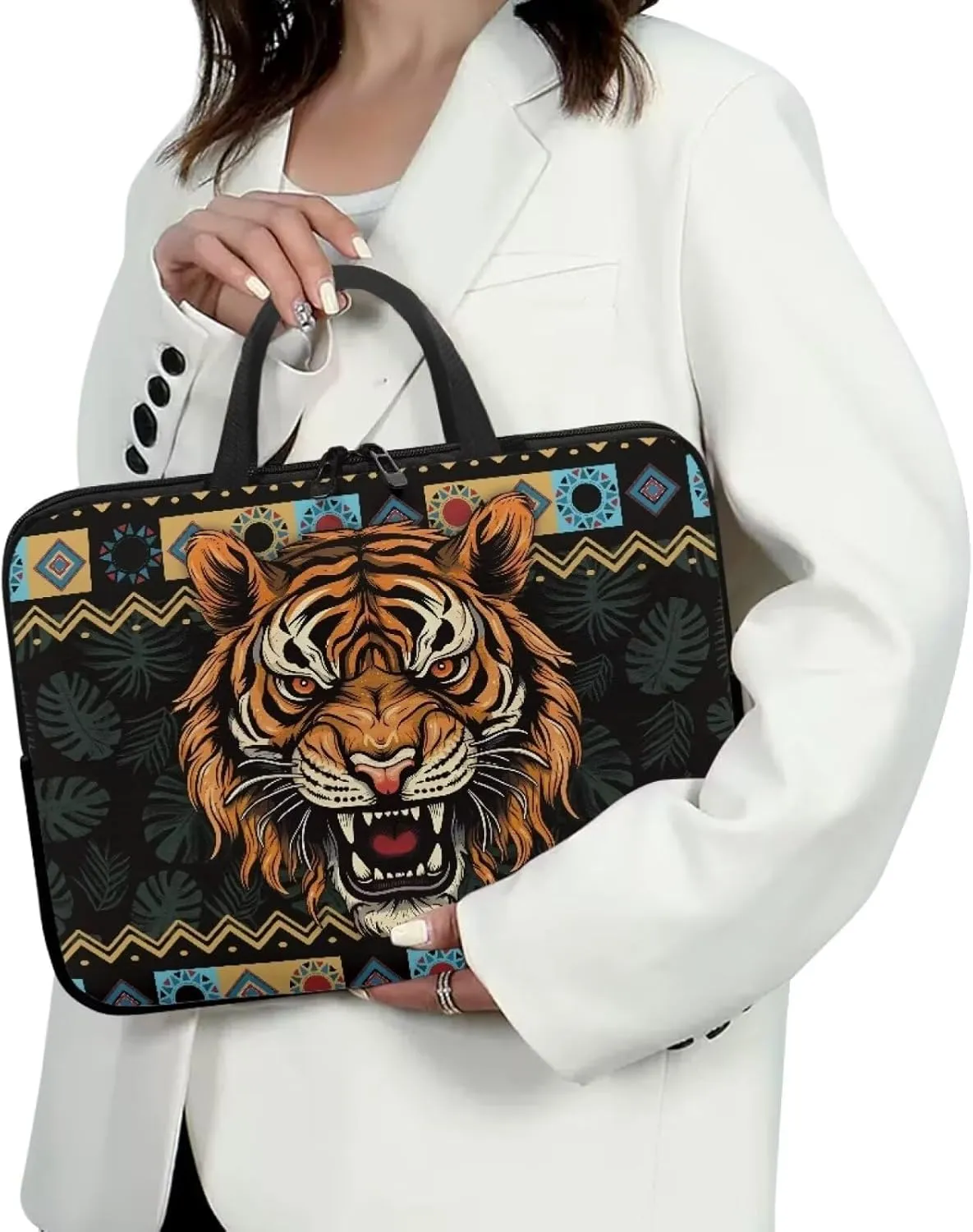 Aztec Tiger Palm Tree Print Laptop Sleeve Case with Handle Computer Cover Compatible with 10-17 Inch Tablet for Women Men 360° Protective Carrying Bag Briefcase, 10inch