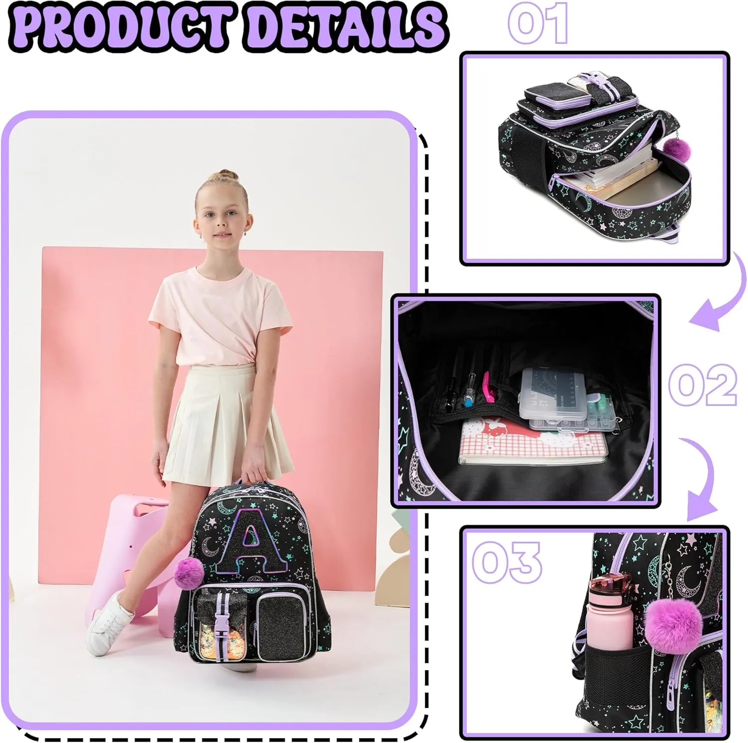 Backpack for Girls Elementary Bookbag for School Backpack Set Girls Preschool Book Bag with Lunch Box Pencil Case