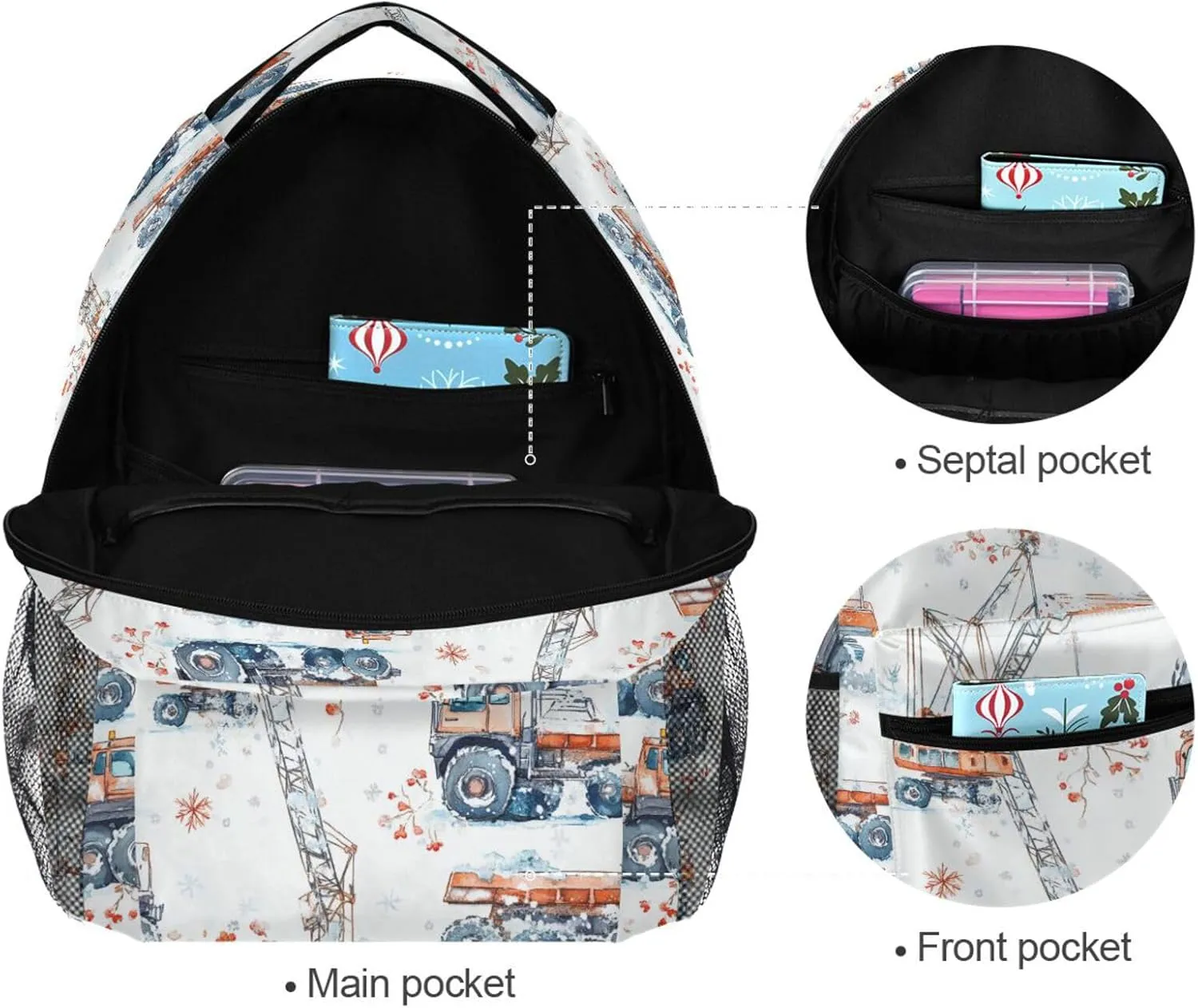 Backpack for Teacher Nurse Waterproof Personal Backpack with Chest Strap for Business Work College Travel Trip Construction Truck Cartoon Tower Crane Snowflake