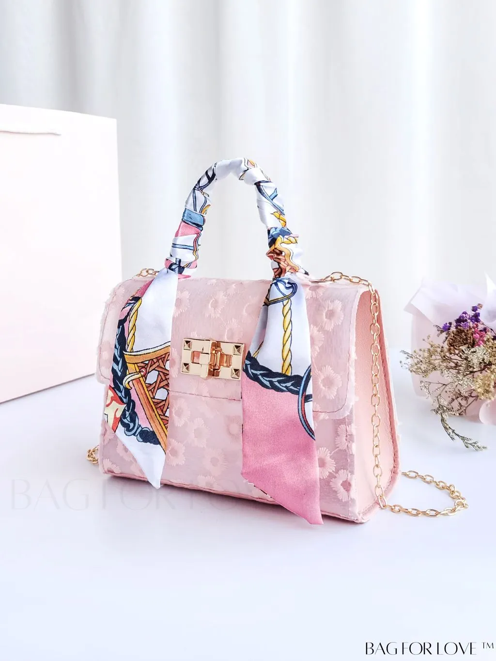 BagForLove - Floral Embroidered Chain Bag with Mini Twilly Scarf Accent