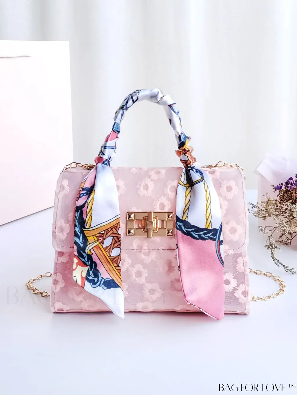 BagForLove - Floral Embroidered Chain Bag with Mini Twilly Scarf Accent